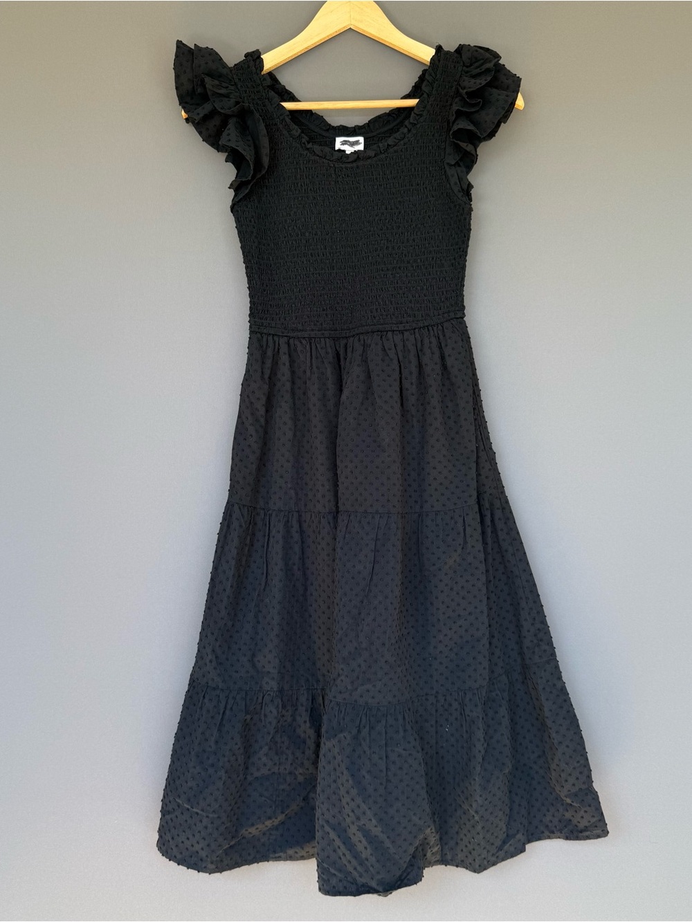 J.Crew Black Clip Dot Smocked Flutter Sleeve Midi Dress Petite XS XSP - Picture 2 of 11